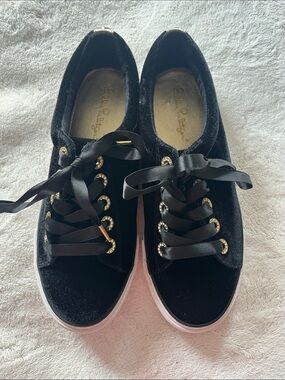 Lilly Pulitzer Black Velvet Ribbon Lace Sneakers with Gold Eyelets, 7.5